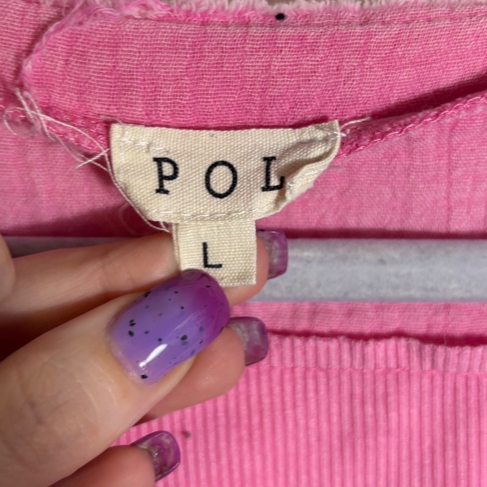 POL Pink Cotton Gauze Raw Hem Henley Top Size Large Oversized - Picture 3 of 4